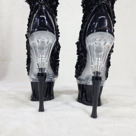 Pleaser Spiky Black Sequin Knee Boots Spiked Design Platform - Picture 11 of 12